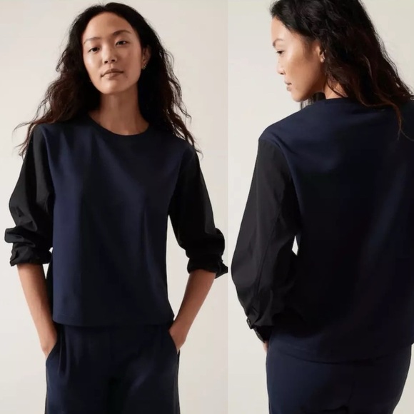 Athleta Harlow Hybrid Top Sweatshirt Navy Blue Black Sleeves Size 1X Plus size - Picture 1 of 12